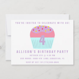 Girls Cupcake Four 4th Birthday Party Invite Kaart
