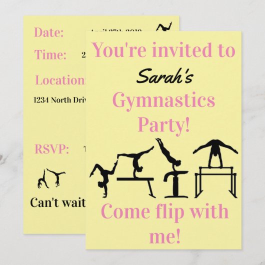 Girls Custom Gymnastics Birthday Party Invitation (Voorkant / Achterkant)