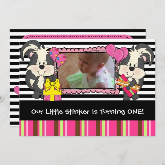 Girls Custom Little Stinker Skunk Birthday Invite Kaart (Voorkant / Achterkant)
