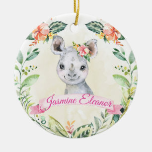 Girls Custom Rhino Safari Animal Cute Holiday Keramisch Ornament