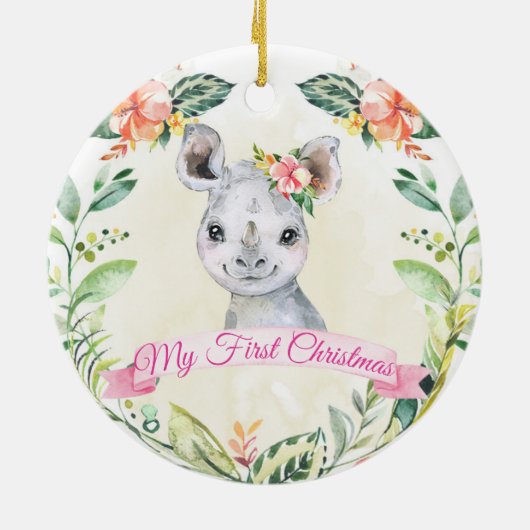 Girls Custom Rhino Safari Animal Cute Holiday Keramisch Ornament (Achterkant)