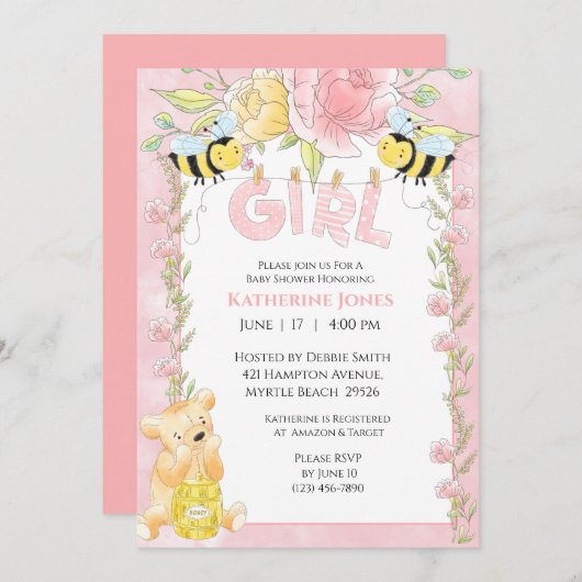 Girls Cute Bees en Honey Beer Baby shower Kaart (Voorkant / Achterkant)