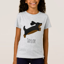 Girls Cute Black Dachshund Dog Cartoon & Name Kind T-shirt