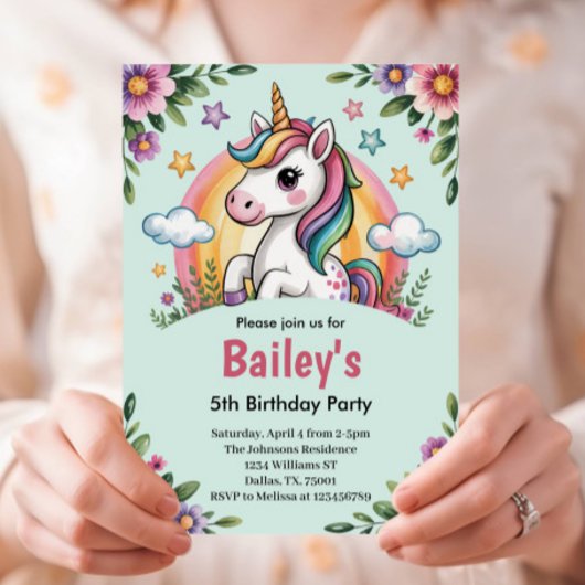 Girls Cute Blue Unicorn Kids Birthday Kaart