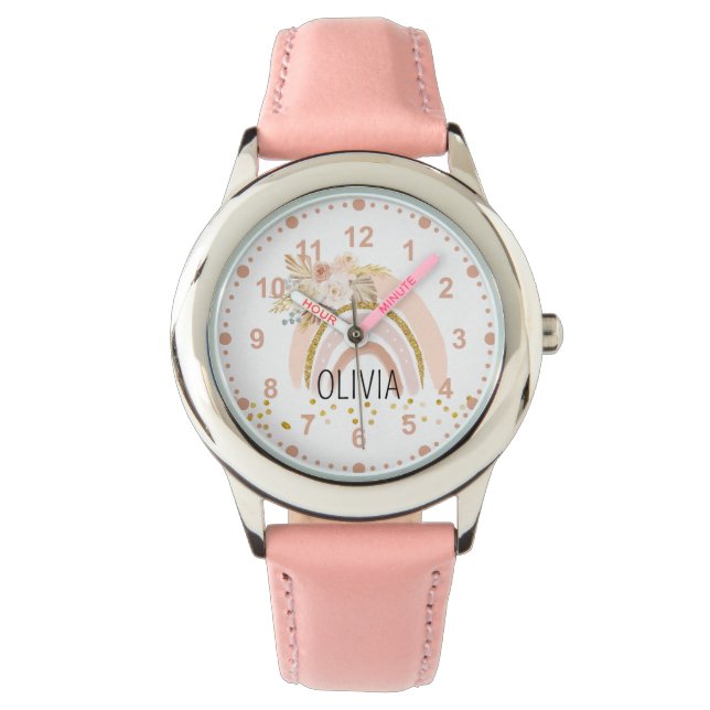 Girls Cute Boho Rainbow Flowers Roze Aangepaste na Horloge (Voorkant)