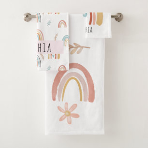 Girls Cute Boho Waterverf Rainbows and Flowers Bad Handdoek