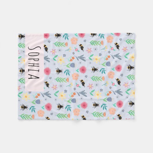 Girls Cute Bumblebee Bee Summer Pattern Name Kinde Fleece Deken (Voorkant (Horizontaal))