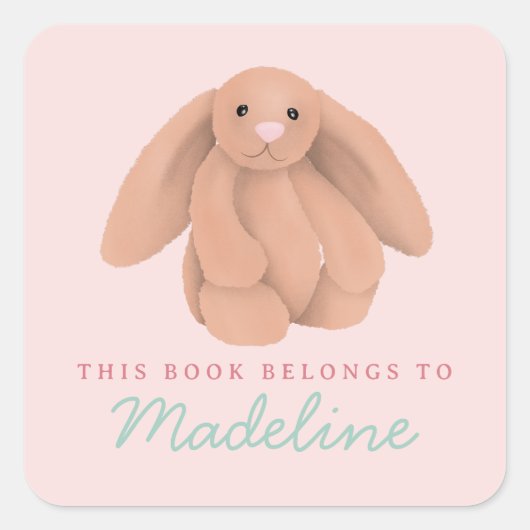 Girls Cute Bunny “This Book Belongs” Bookplate Vierkante Sticker (Voorkant)