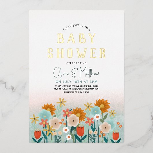Girls Cute Elegant Floral Wildflower Baby shower Folie Uitnodiging (Voorkant)