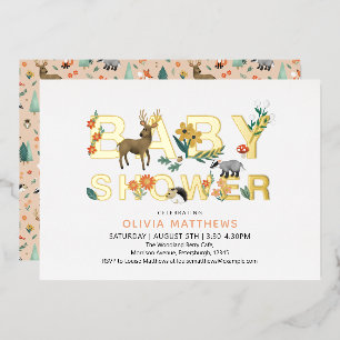 Girls Cute Elegant Woodland Animals Baby shower Folie Uitnodiging