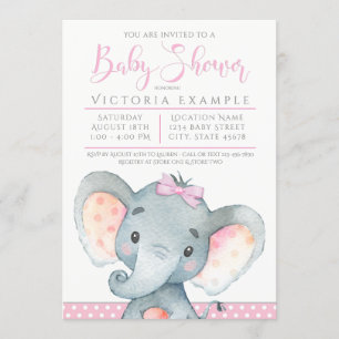 Girls Cute Elephant Baby Shower Invitations Kaart