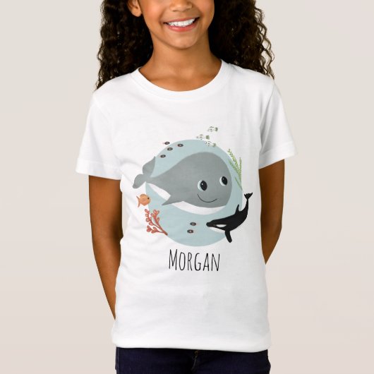 Girls Cute en Modern Blue Ocean Whale and Fish T-shirt (Voorkant)
