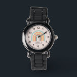 Girls Cute en Trendy Pink Boho Rainbow Horloge<br><div class="desc">Deze schattige en girale kinderen zien op een roze achtergrond een trendy boho regenboogtekening. Dit stijlvolle en stijlvolle design biedt u ook een plek waar u de naam van uw meisje in een eenvoudige, minimalistische lettersoort kunt toevoegen. Met duidelijke, gemakkelijk leesbare getallen is dit 'eerste' horloge geweldig voor mensen die...</div>