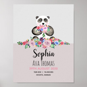 Girls Cute Floral Panda Birth Stats Baby Nursery Poster