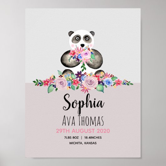 Girls Cute Floral Panda Birth Stats Baby Nursery Poster (Voorkant)