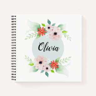 Girls Cute Floral Waterverf Flowers and Name Notitieboek