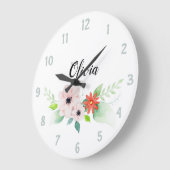 Girls Cute Floral Waterverf Flowers en Name Kinder Grote Klok (Hoek)