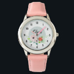 Girls Cute Floral Waterverf Flowers en Name Kinder Horloge<br><div class="desc">Dit elegante en moderne bloemige kinder horlogeontwerp heeft schattige waterverf bloemen en heeft ruimte voor u om uw meisjesnaam in een met de hand geschreven lettertype te schrijven. Het perfecte schattige roze cadeau voor je kleintje.</div>