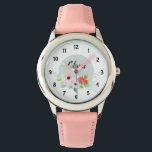 Girls Cute Floral Waterverf Flowers en Name Kinder Horloge<br><div class="desc">Dit elegante en moderne bloemige kinder horlogeontwerp heeft schattige waterverf bloemen en heeft ruimte voor u om uw meisjesnaam in een met de hand geschreven lettertype te schrijven. Het perfecte schattige roze cadeau voor je kleintje.</div>