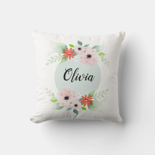 Girls Cute Floral Waterverf Flowers en Name Kinder Kussen (Voorkant)