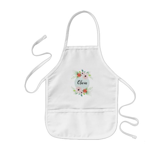 Girls Cute Floral Waterverf Flowers en Name Kinder Schort (Voorkant)