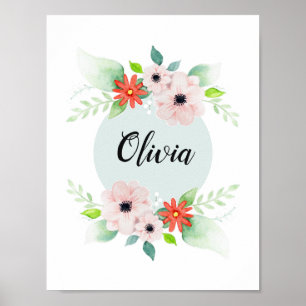 Girls Cute Floral Waterverf Flowers en Name Poster