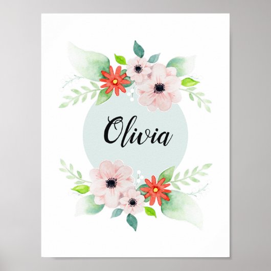 Girls Cute Floral Waterverf Flowers en Name Poster (Voorkant)