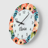 Girls Cute Floral Waterverf Flowers Naam Kinder Grote Klok (Hoek)