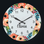 Girls Cute Floral Waterverf Flowers Naam Kinder Grote Klok<br><div class="desc">Dit schattige en moderne bloemetjesontwerp kenmerkt schattige kleurrijke waterverf bloemen en biedt ruimte om je meisjesnaam in een handgeschreven lettertype te schrijven. Een perfecte botanische toevoeging aan je kleine kamer of kindermeisje.</div>