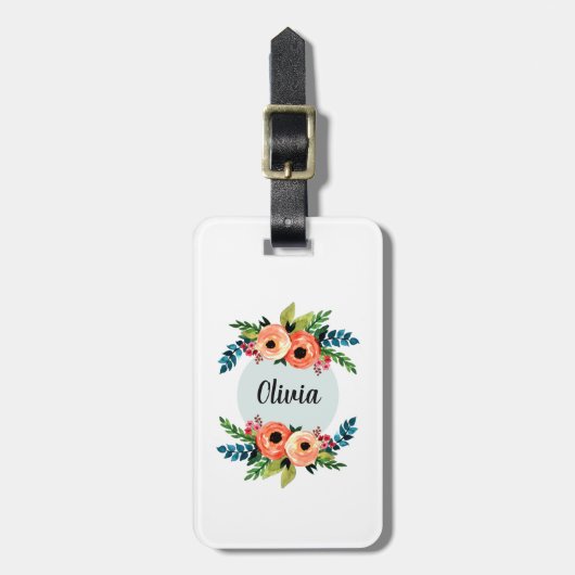 Girls Cute Floral Waterverf Flowers & Name Kinder Bagagelabel (Voorkant verticaal)