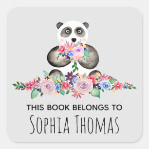 Girls Cute Floral Waterverf Panda Name Bookplate Vierkante Sticker