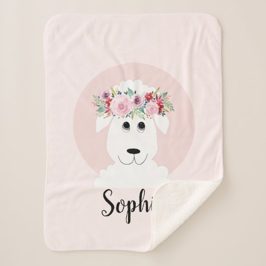 Girls Cute Floral Waterverf Sheep and Name Sherpa Deken (Voorkant)