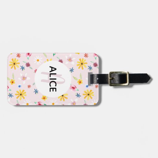 Girls Cute Flower Pattern Monogram Name Kinder Bagagelabel (Voorkant horizontaal)