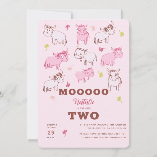 Girls Cute Funny Koeien Pink Cartoon Tweede verjaa Kaart (Voorkant)