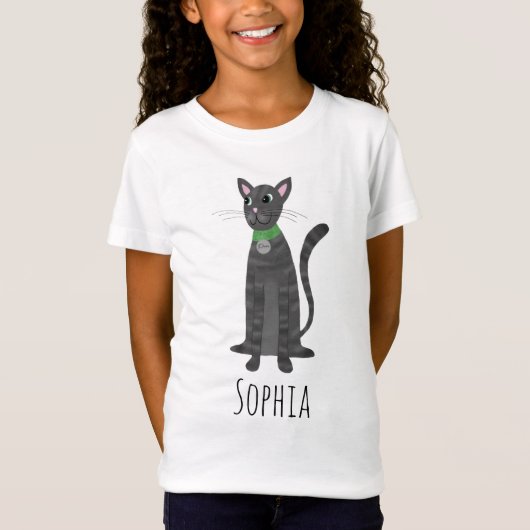 Girls Cute Gray Tabby Kitty Cat & Name Kinder T-shirt (Voorkant)