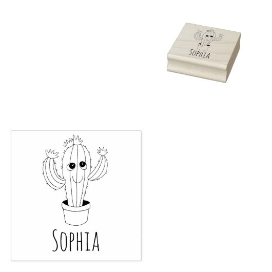 Girls Cute Kawaii Cactus & Name School Bookplate Rubberstempel (Gestempeld)
