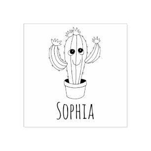 Girls Cute Kawaii Cactus & Name School Bookplate Rubberstempel