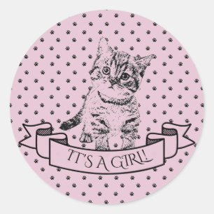 Girls Cute Kitten Cat Paars Baby shower Ronde Sticker