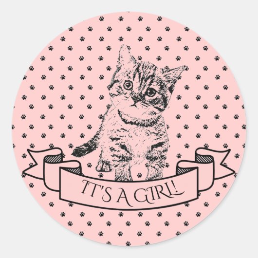 Girls Cute Kitten Cat Pink Baby shower Ronde Sticker (Voorkant)
