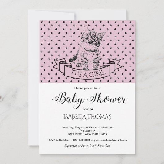 Girls Cute Kitten Paarse Baby shower Invitation Kaart (Voorkant)