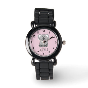 Girls Cute Koala Beer Cartoon Flowers & Name Kinde Horloge