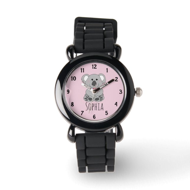 Girls Cute Koala Beer Cartoon Flowers & Name Kinde Horloge (Voorkant)