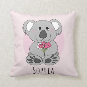 Girls Cute Koala Beer Cartoon & Flowers Name Kinde Kussen