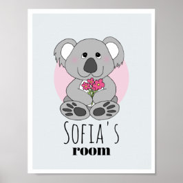 Girls Cute Koala Beer Cartoon & Name Kinder Room Poster