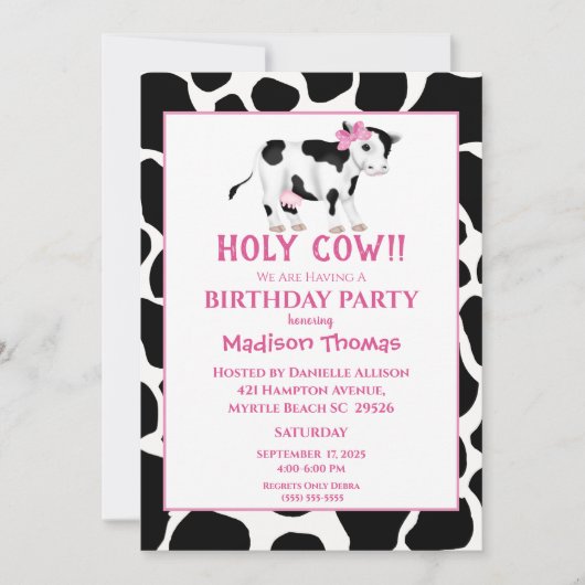 Girls Cute Koe Pink Birthday Party Uitnodiging (Voorkant)