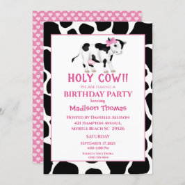 Girls Cute Koe Pink Birthday Party Uitnodiging