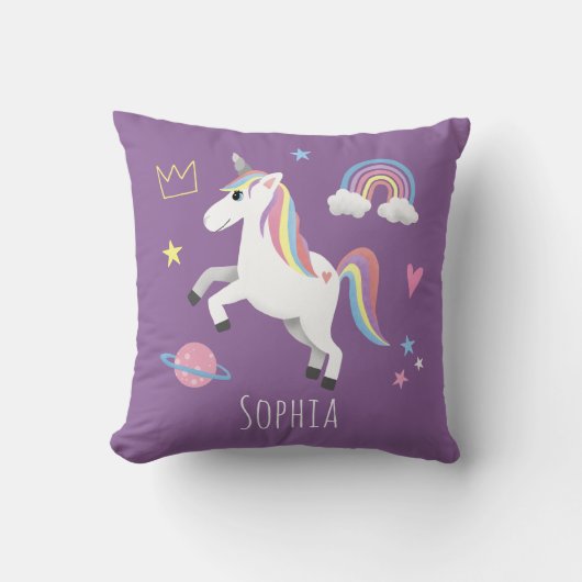 Girls Cute Magical Paars Unicorn & Name Kinder Kussen (Voorkant)