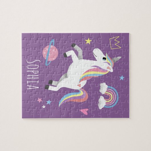 Girls Cute Magical Paars Unicorn & Name Kinder Legpuzzel (Horizontaal)