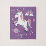 Girls Cute Magical Paars Unicorn & Name Kinder Legpuzzel<br><div class="desc">Dit schattige en moderne kinder puzzelontwerp kenmerkt een paarse eenhoorn cartoon,  met een regenboog,  prinseskroon,  hart,  sterren en planeet,  en kan gepersonaliseerd worden met je meisjesnaam. Het perfecte magische en meisjescadeau voor eender welke eenhoorn minnaar!</div>