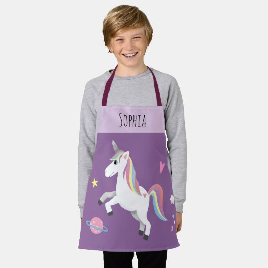 Girls Cute Magical Paars Unicorn & Name Kinder Schort (Gedragen)